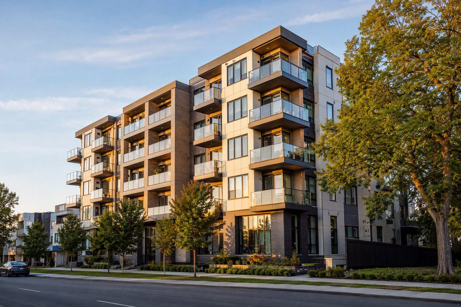 Modern residential apartment building in warm afternoon light