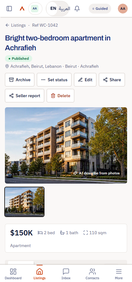 WingCaster mobile app property screen