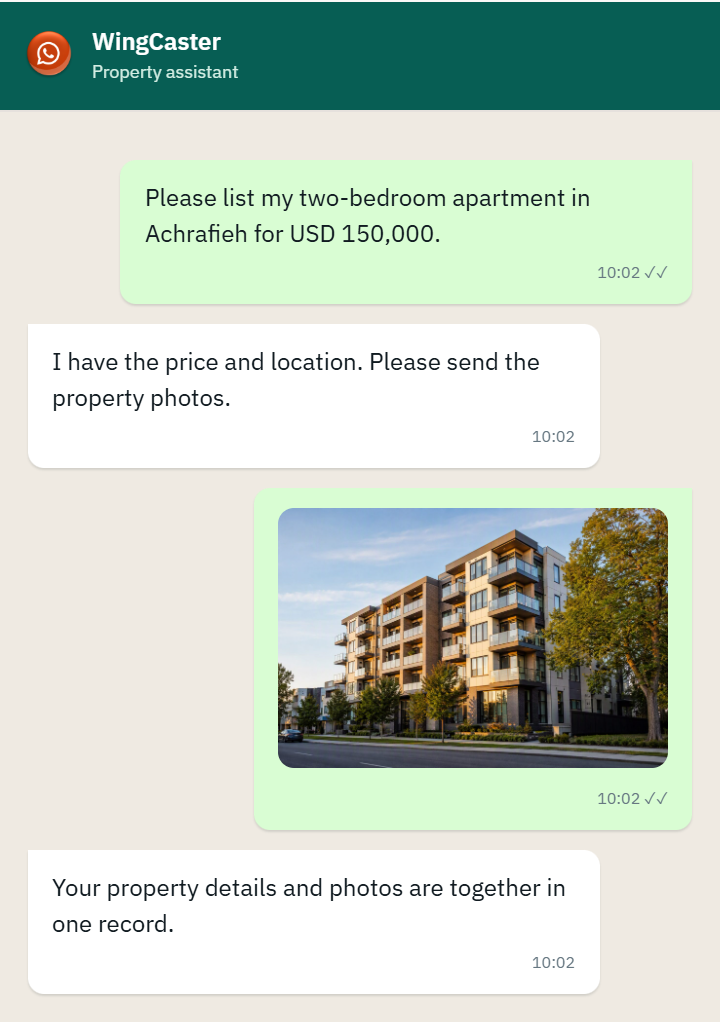 Illustrative WhatsApp conversation with WingCaster about the same property
